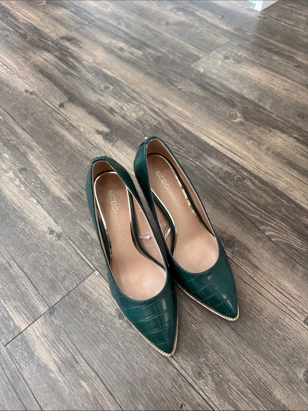 BCBGeneration Green Croc-Embossed Pointed Toe Pumps with Gold Trim